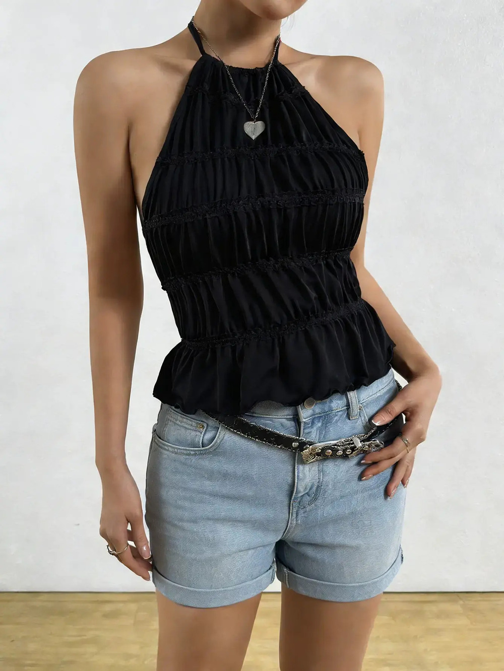 Zara Solid Color Ruffle Halter Backless Lace Up Summer Top - Picture 2 of 7